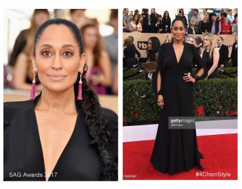 Tracee Ellis Ross Ulyana Sergeenko dress, Christian Louboutin shoes, Narcisa Pheres earrings, and rings by Lydia Courteille, Yvel, and L'Dezen by Payal Shah